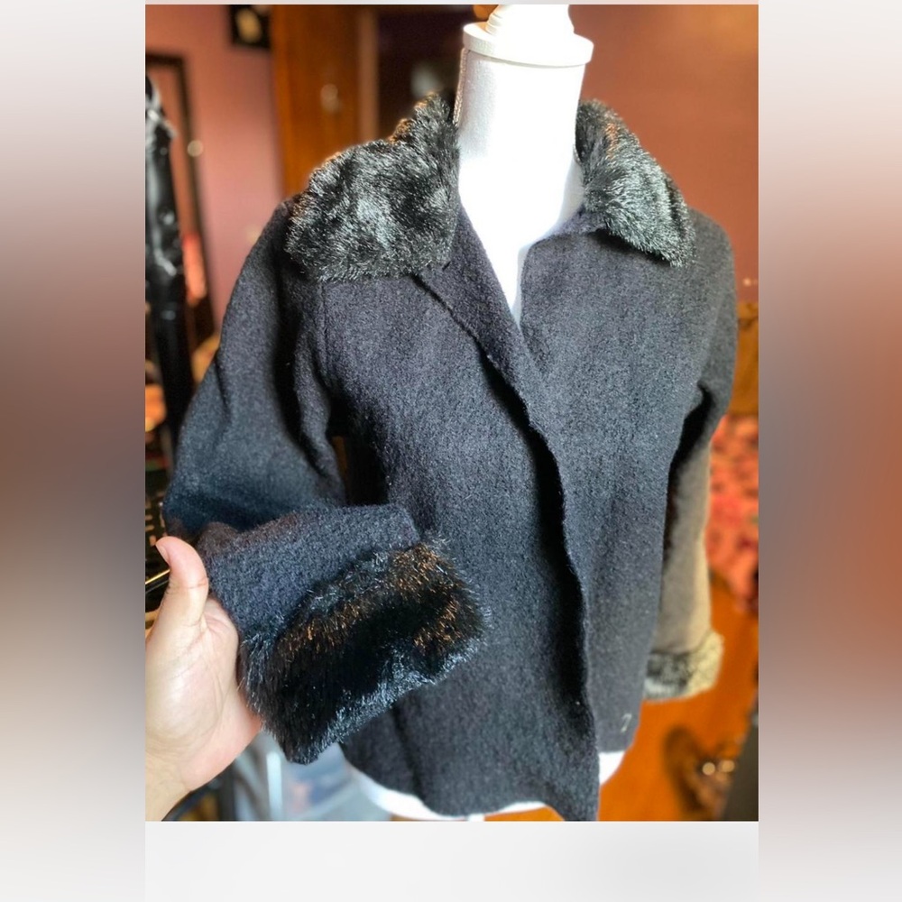 Carole Little Charcoal Teddy Jacket with Faux Fur Trim